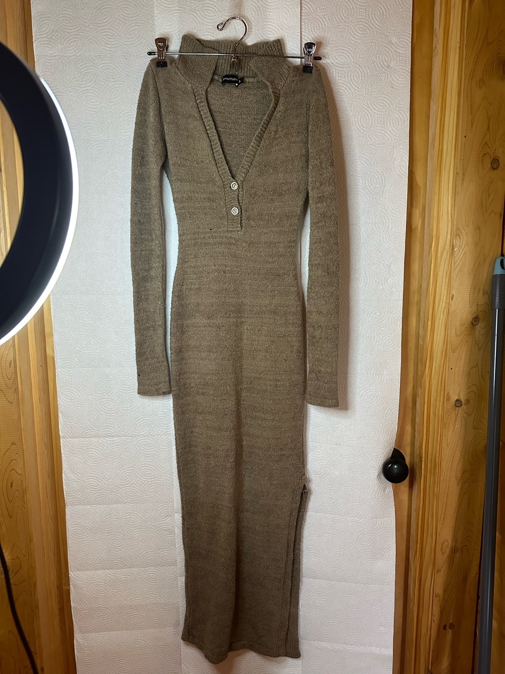 Ribbed Long Sleeve V-Neck Knit Dress in Brown